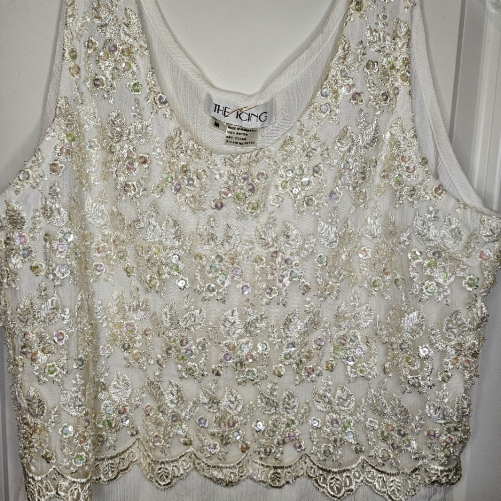 The Icing Beaded Tank Top Ivory Sequin Lace Overlay Size Medium Boho Chic Classy - Picture 2 of 10